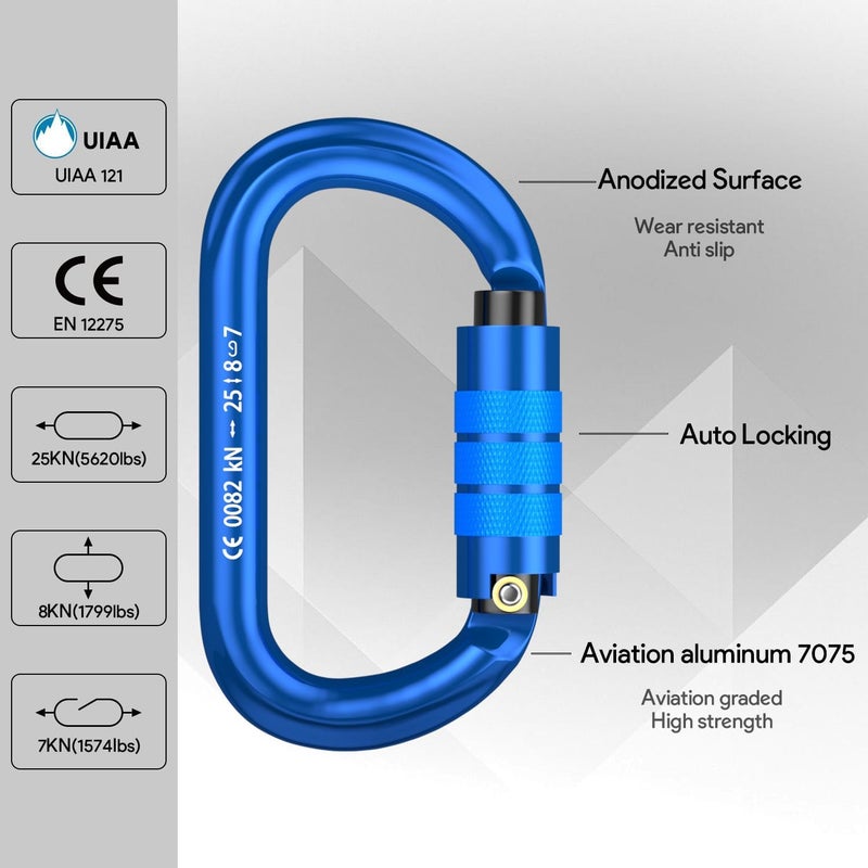FVW CE Certified Auto Locking Climbing Carabiners, Professional 25KN (5620 lbs) Heavy Duty Caribeaners for Rappelling Swing Rescue & Gym etc, Large D-Shaped Carabiners - Image 5